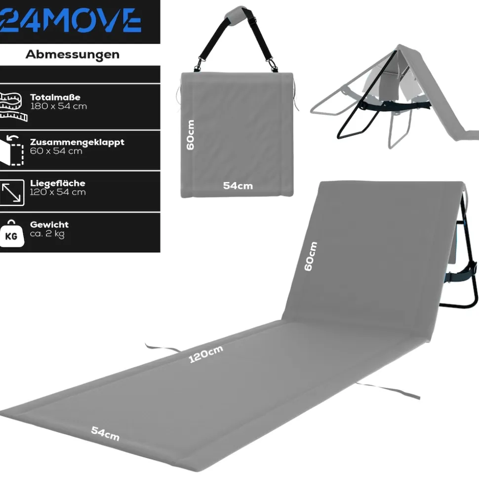 24MOVE® Strandmatte 1er Set klappbar mit Rückenlehne, Strandliege mit Gurt, tragbar für Strand und Garten, Liegematte grau