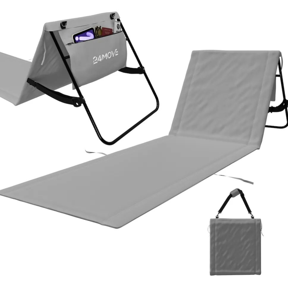 24MOVE® Strandmatte 1er Set klappbar mit Rückenlehne, Strandliege mit Gurt, tragbar für Strand und Garten, Liegematte grau