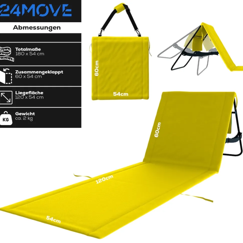24MOVE® Strandmatte 2er Set klappbar mit Rückenlehne, Strandliege mit Gurt, tragbar für Strand und Garten, Liegematte gelb