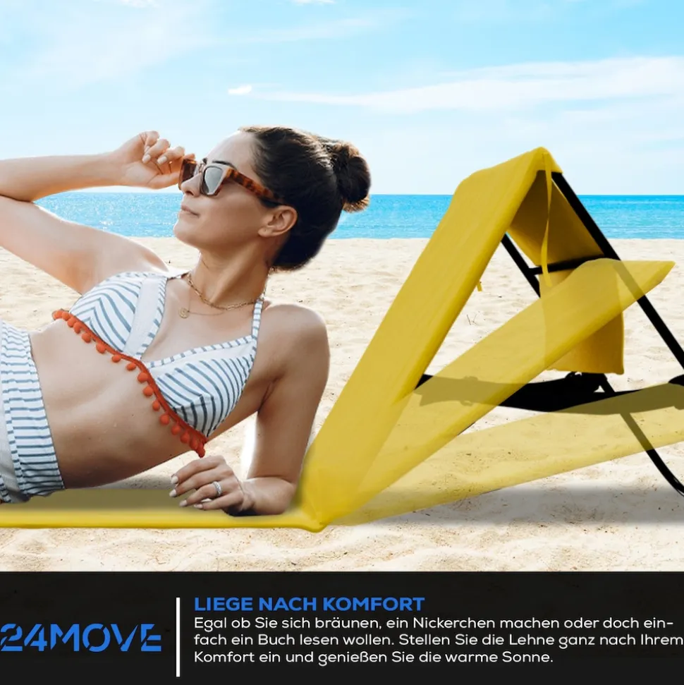 24MOVE® Strandmatte 2er Set klappbar mit Rückenlehne, Strandliege mit Gurt, tragbar für Strand und Garten, Liegematte gelb