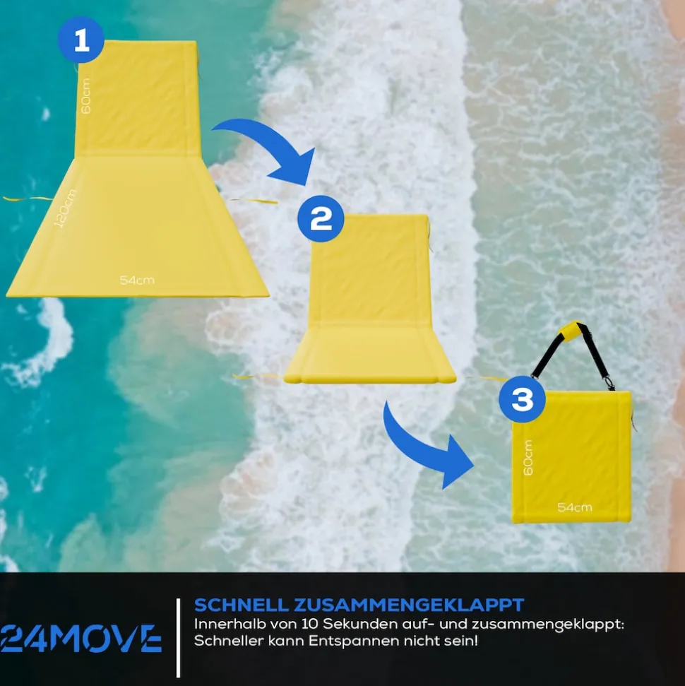 24MOVE® Strandmatte 2er Set klappbar mit Rückenlehne, Strandliege mit Gurt, tragbar für Strand und Garten, Liegematte gelb
