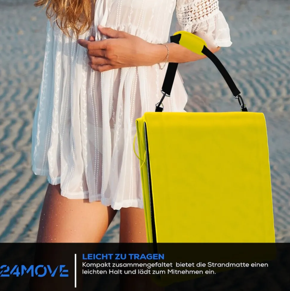 24MOVE® Strandmatte 2er Set klappbar mit Rückenlehne, Strandliege mit Gurt, tragbar für Strand und Garten, Liegematte gelb