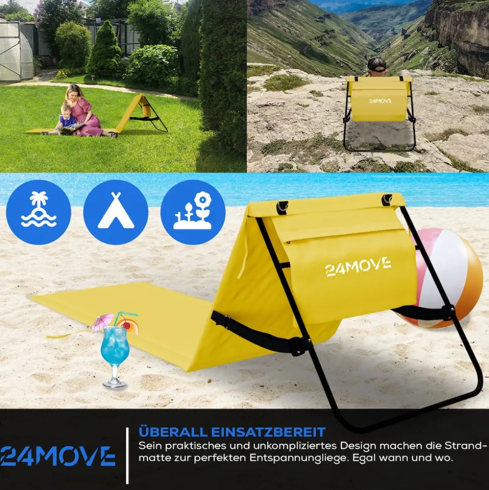 24MOVE® Strandmatte 2er Set klappbar mit Rückenlehne, Strandliege mit Gurt, tragbar für Strand und Garten, Liegematte gelb