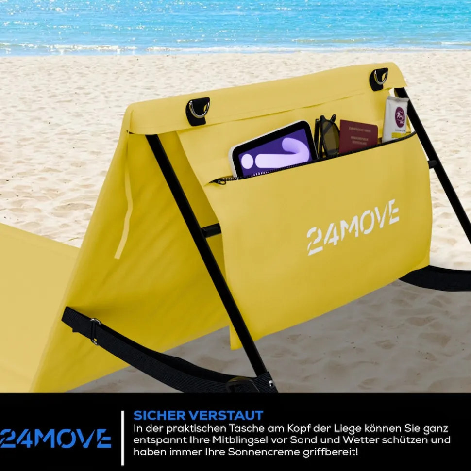 24MOVE® Strandmatte 2er Set klappbar mit Rückenlehne, Strandliege mit Gurt, tragbar für Strand und Garten, Liegematte gelb