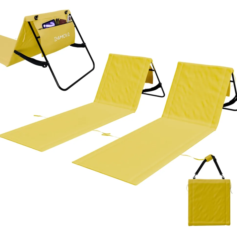 24MOVE® Strandmatte 2er Set klappbar mit Rückenlehne, Strandliege mit Gurt, tragbar für Strand und Garten, Liegematte gelb