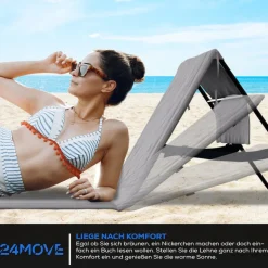 24MOVE® Strandmatte 2er Set klappbar mit Rückenlehne, Strandliege mit Gurt, tragbar für Strand und Garten, Liegematte grau