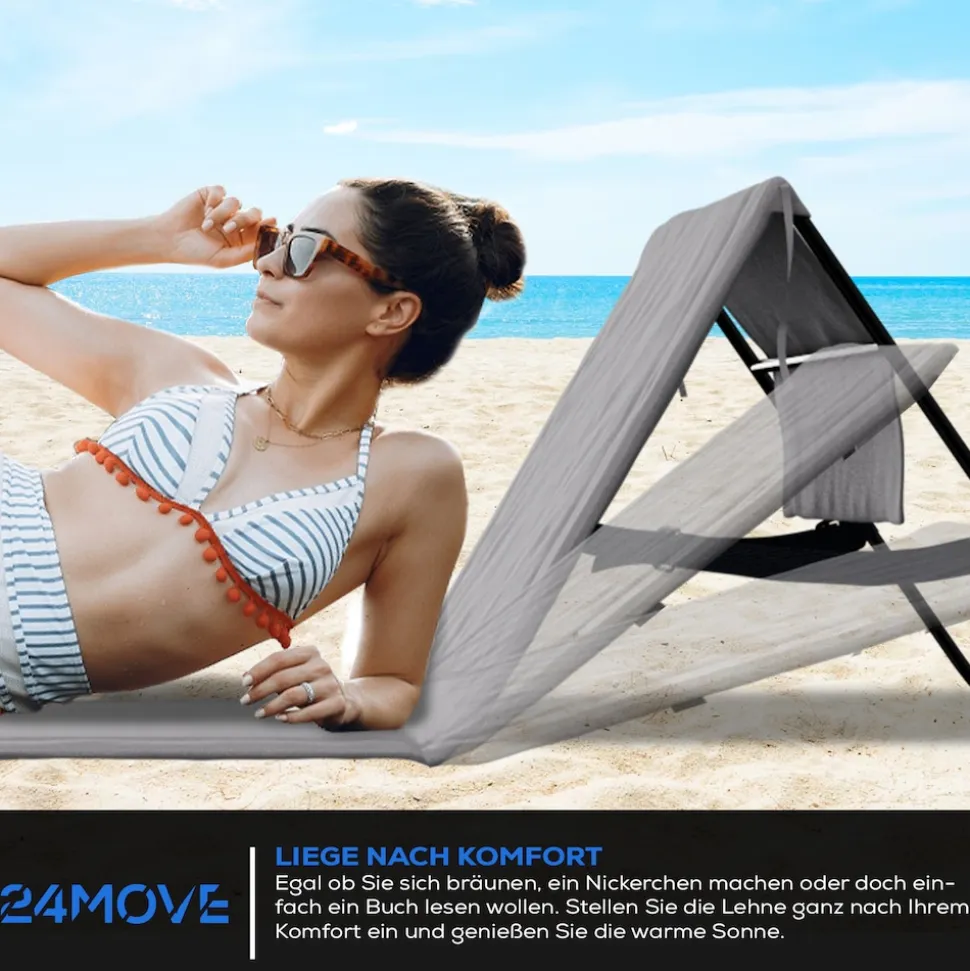 24MOVE® Strandmatte 2er Set klappbar mit Rückenlehne, Strandliege mit Gurt, tragbar für Strand und Garten, Liegematte grau