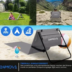 24MOVE® Strandmatte 2er Set klappbar mit Rückenlehne, Strandliege mit Gurt, tragbar für Strand und Garten, Liegematte grau
