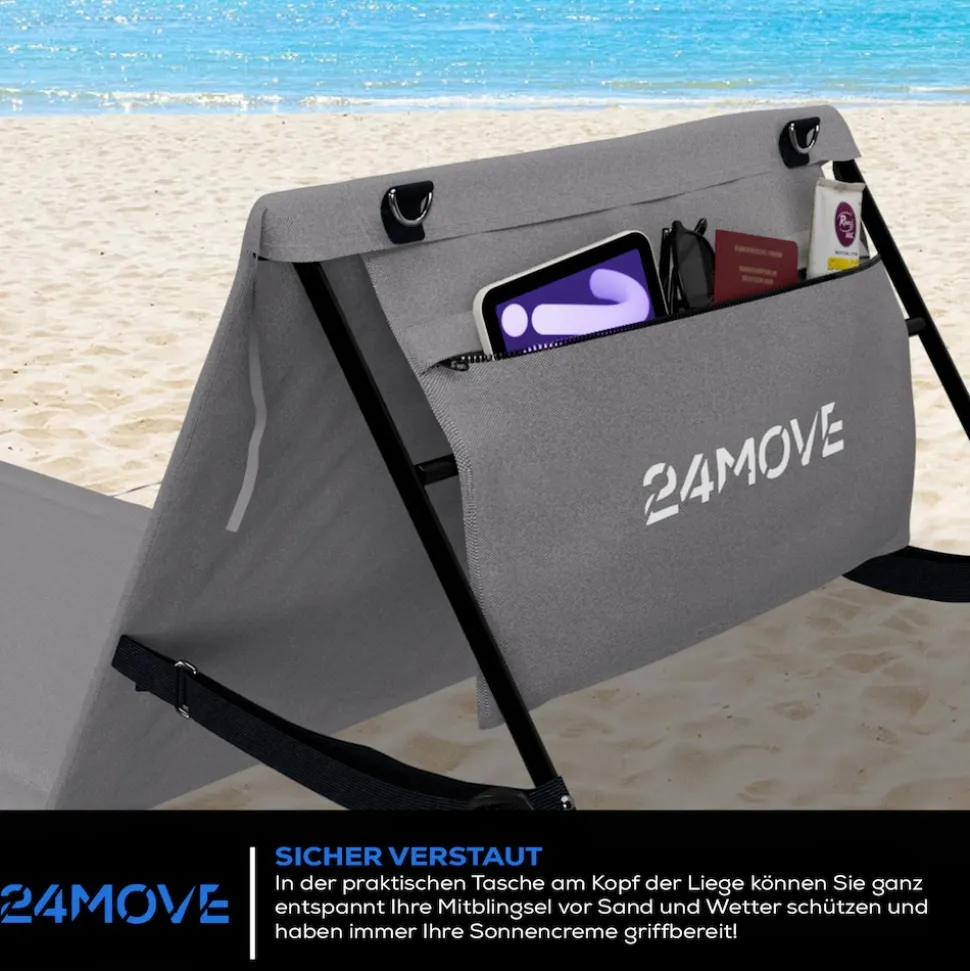 24MOVE® Strandmatte 2er Set klappbar mit Rückenlehne, Strandliege mit Gurt, tragbar für Strand und Garten, Liegematte grau