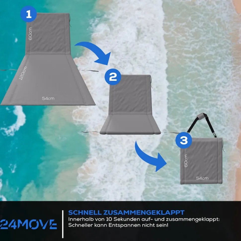 24MOVE® Strandmatte 2er Set klappbar mit Rückenlehne, Strandliege mit Gurt, tragbar für Strand und Garten, Liegematte grau