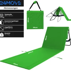 24MOVE® Strandmatte 1er Set klappbar mit Rückenlehne, Strandliege mit Gurt, tragbar für Strand und Garten, Liegematte grün