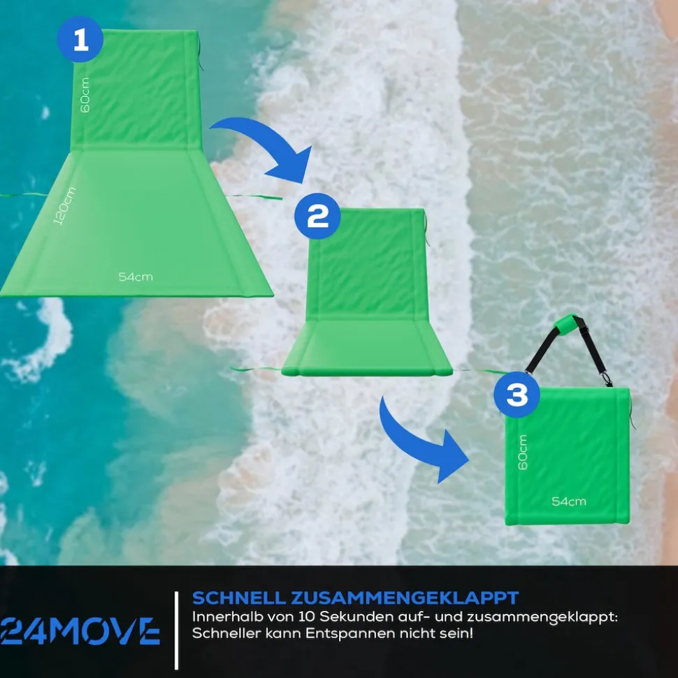 24MOVE® Strandmatte 1er Set klappbar mit Rückenlehne, Strandliege mit Gurt, tragbar für Strand und Garten, Liegematte grün