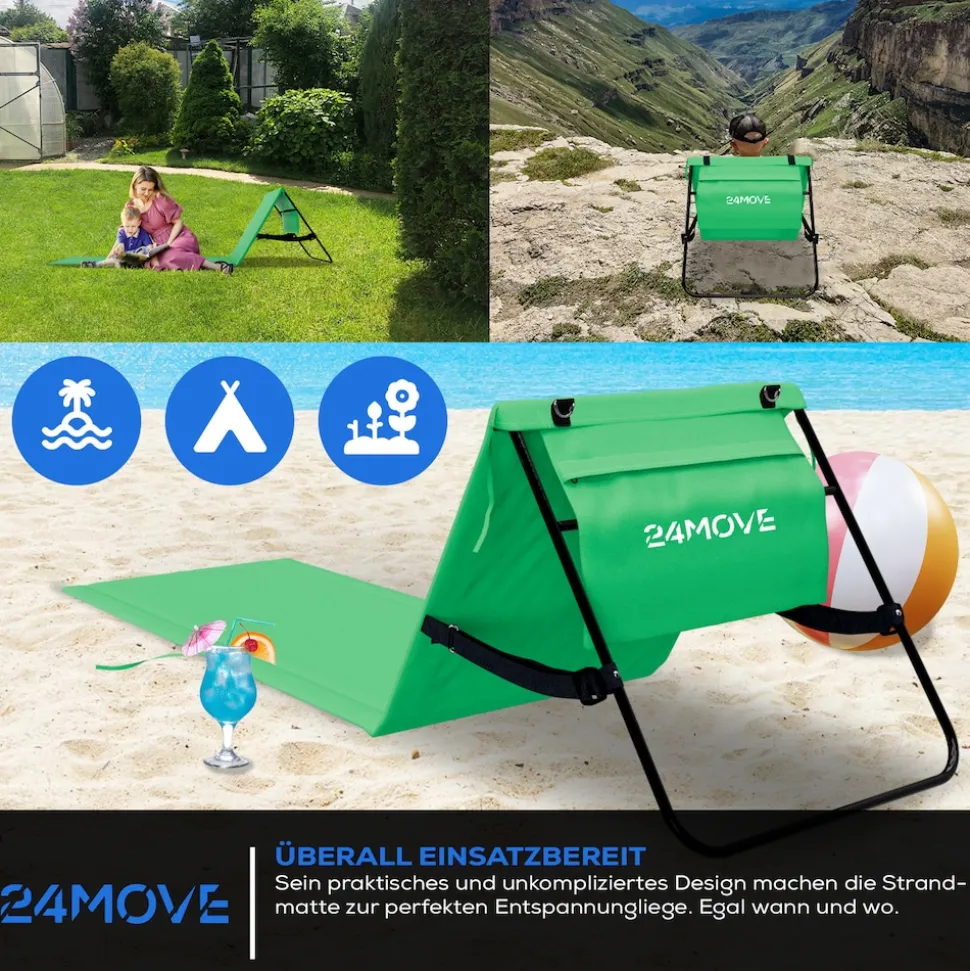 24MOVE® Strandmatte 1er Set klappbar mit Rückenlehne, Strandliege mit Gurt, tragbar für Strand und Garten, Liegematte grün