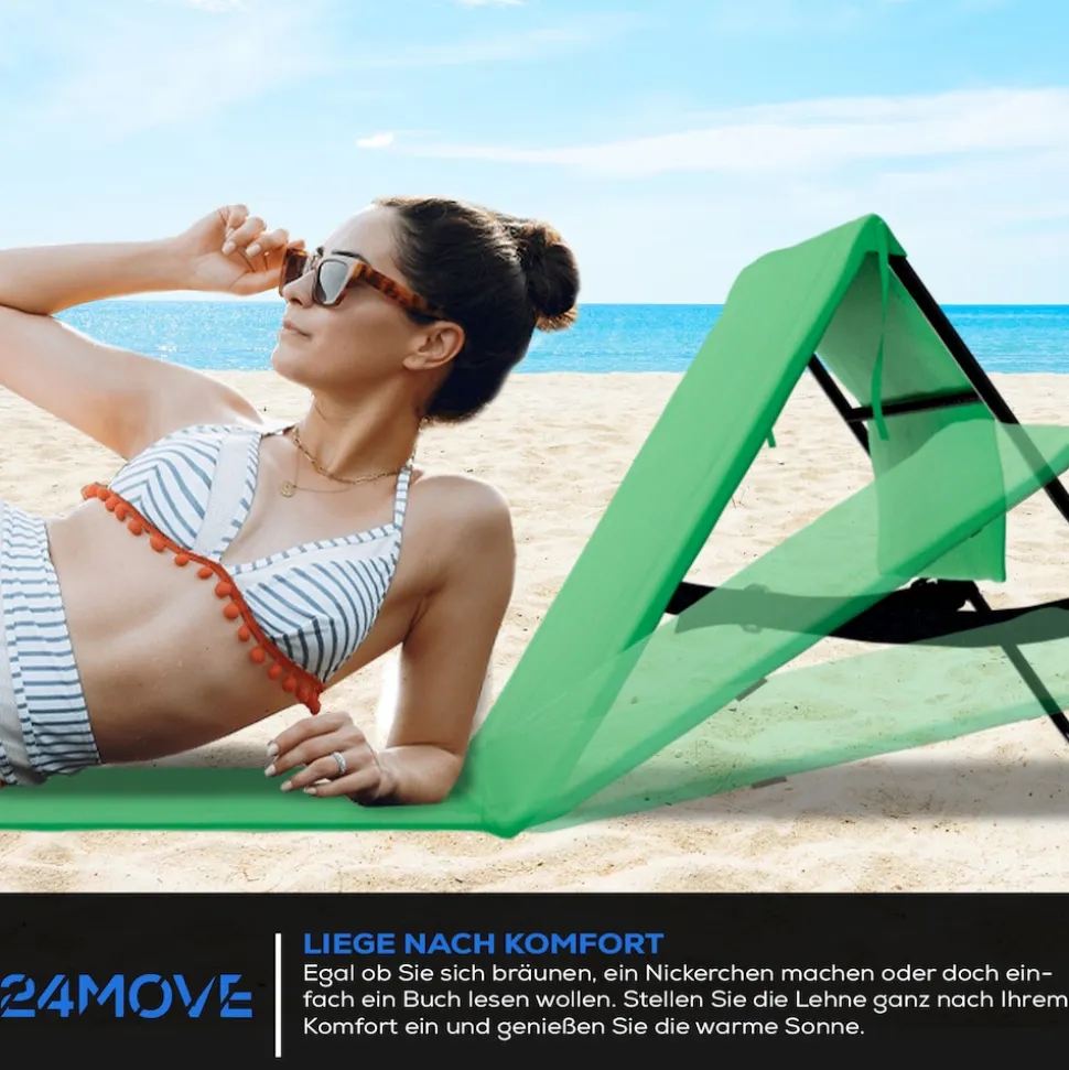 24MOVE® Strandmatte 1er Set klappbar mit Rückenlehne, Strandliege mit Gurt, tragbar für Strand und Garten, Liegematte grün