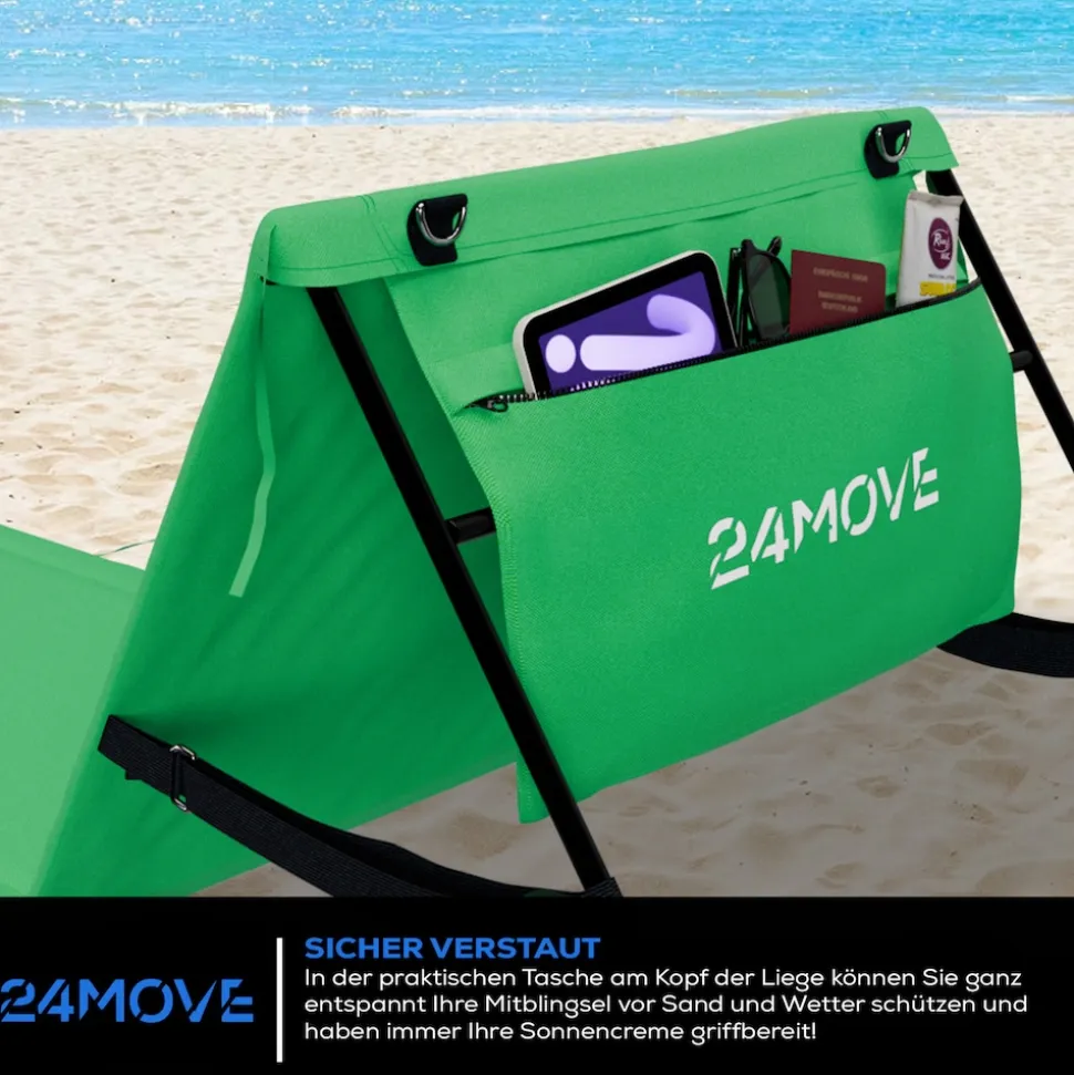 24MOVE® Strandmatte 1er Set klappbar mit Rückenlehne, Strandliege mit Gurt, tragbar für Strand und Garten, Liegematte grün