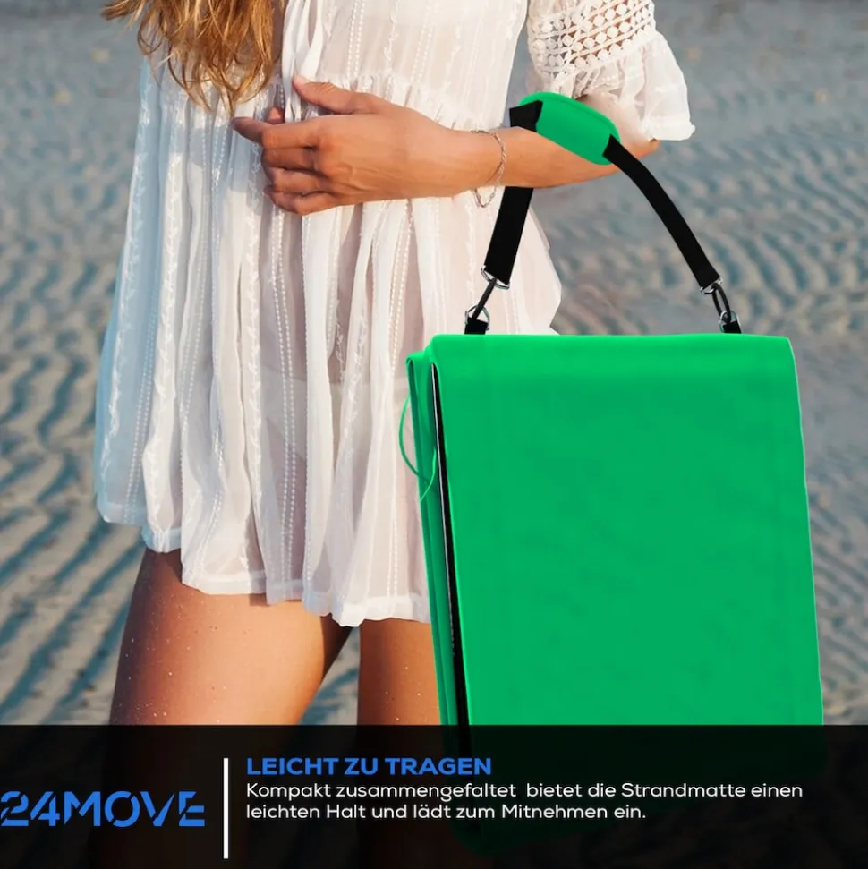 24MOVE® Strandmatte 1er Set klappbar mit Rückenlehne, Strandliege mit Gurt, tragbar für Strand und Garten, Liegematte grün