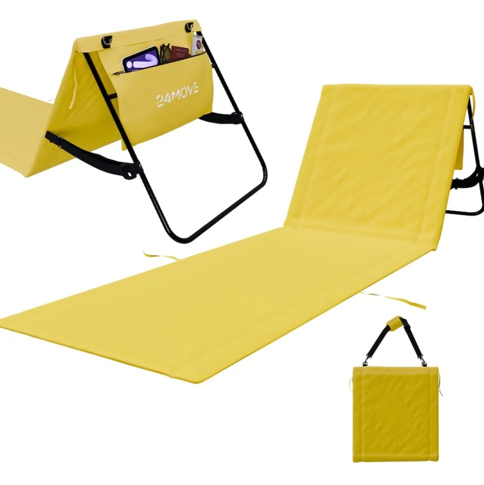 24MOVE® Strandmatte 1er Set klappbar mit Rückenlehne, Strandliege mit Gurt, tragbar für Strand und Garten, Liegematte gelb