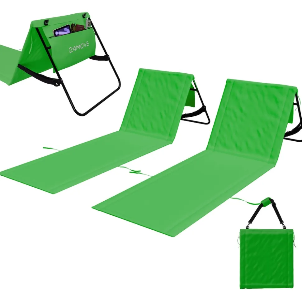 24MOVE® Strandmatte 2er Set klappbar mit Rückenlehne, Strandliege mit Gurt, tragbar für Strand und Garten, Liegematte grün