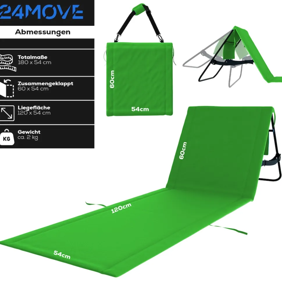 24MOVE® Strandmatte 2er Set klappbar mit Rückenlehne, Strandliege mit Gurt, tragbar für Strand und Garten, Liegematte grün