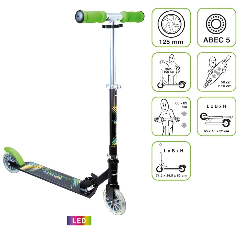muuwmi Aluminium Scooter Neon – Tretroller, 125 mm, ABEC 5, GS-geprüft, höhenverstellbar, LED-Leuchtrollen, grün-schwarz