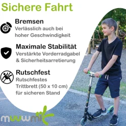 muuwmi Aluminium Scooter Neon – Tretroller, 125 mm, ABEC 5, GS-geprüft, höhenverstellbar, LED-Leuchtrollen, grün-schwarz