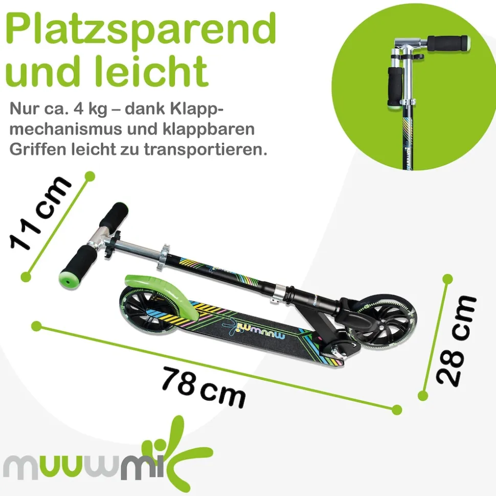 muuwmi Aluminium Scooter Neon – Tretroller, 180 mm, ABEC 5, GS-geprüft, höhenverstellbar, LED-Leuchtrollen, grün-schwarz