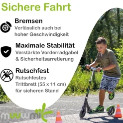 muuwmi Aluminium Scooter Neon – Tretroller, 180 mm, ABEC 5, GS-geprüft, höhenverstellbar, LED-Leuchtrollen, grün-schwarz