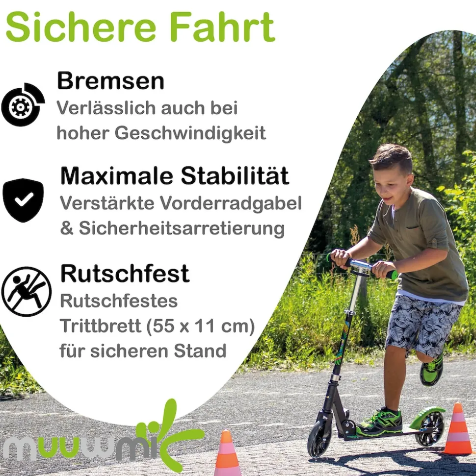 muuwmi Aluminium Scooter Neon – Tretroller, 180 mm, ABEC 5, GS-geprüft, höhenverstellbar, LED-Leuchtrollen, grün-schwarz