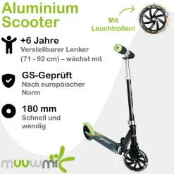 muuwmi Aluminium Scooter Neon – Tretroller, 180 mm, ABEC 5, GS-geprüft, höhenverstellbar, LED-Leuchtrollen, grün-schwarz