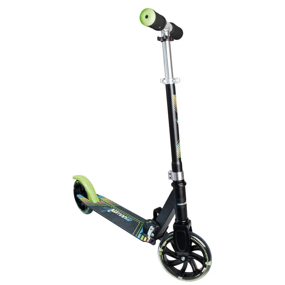 muuwmi Aluminium Scooter Neon – Tretroller, 180 mm, ABEC 5, GS-geprüft, höhenverstellbar, LED-Leuchtrollen, grün-schwarz