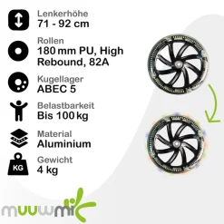muuwmi Aluminium Scooter Neon – Tretroller, 180 mm, ABEC 5, GS-geprüft, höhenverstellbar, LED-Leuchtrollen, grün-schwarz