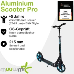 muuwmi Aluminium Scooter Pro – Tretroller, 215 mm, ABEC 7, GS-geprüft, höhenverstellbar, XL-Deck, BMX-Lenker, blau