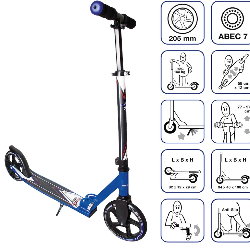 muuwmi Aluminium Scooter – Tretroller, 205 mm, ABEC 7, für Kinder und Erwachsene, GS-geprüft, höhenverstellbar, blau