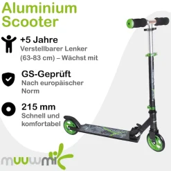 muuwmi Aluminium Scooter – Tretroller, 125 mm, ABEC 5, GS-geprüft, höhenverstellbar, schwarz-grün