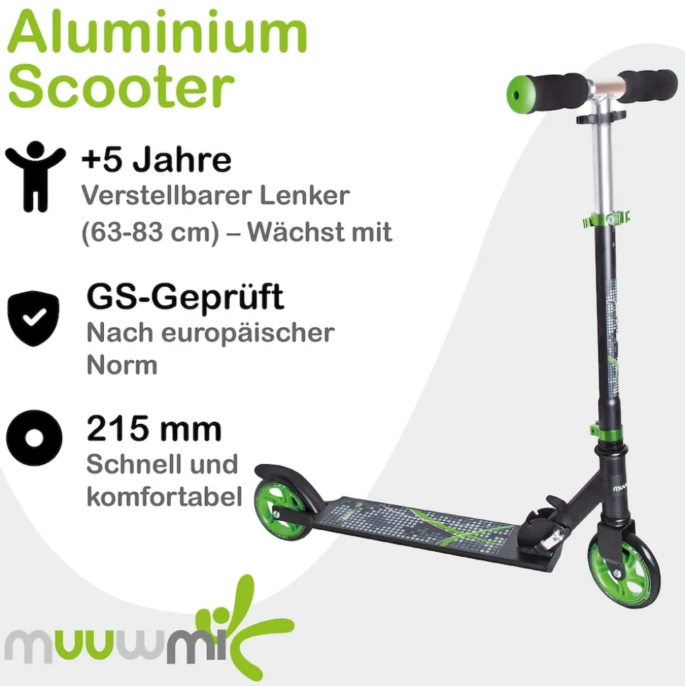 muuwmi Aluminium Scooter – Tretroller, 125 mm, ABEC 5, GS-geprüft, höhenverstellbar, schwarz-grün