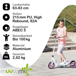 muuwmi Aluminium Scooter – Tretroller, 125 mm, ABEC 5, GS-geprüft, höhenverstellbar, schwarz-grün