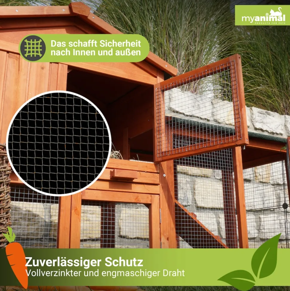 MyAnimal Hasenstall MH-03 Doppelstockhaus mit Garten, Freilauf, Kiefernholz, verzinkter Draht (Braun 2.0)