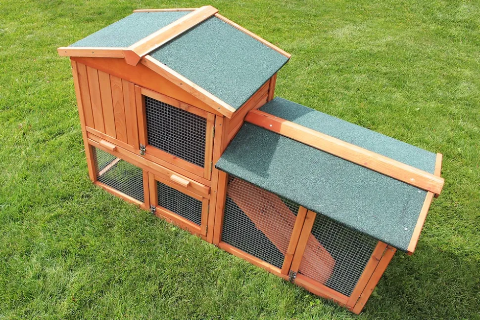 MyAnimal Hasenstall MH-03 Doppelstockhaus mit Garten, Freilauf, Kiefernholz, verzinkter Draht (Braun 2.0)