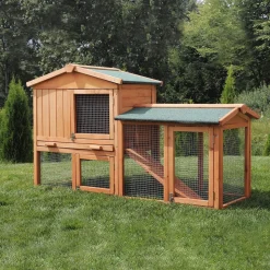 MyAnimal Hasenstall MH-03 Doppelstockhaus mit Garten, Freilauf, Kiefernholz, verzinkter Draht (Braun 2.0)