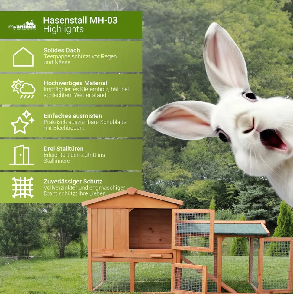 MyAnimal Hasenstall MH-03 Doppelstockhaus mit Garten, Freilauf, Kiefernholz, verzinkter Draht (Braun 2.0)