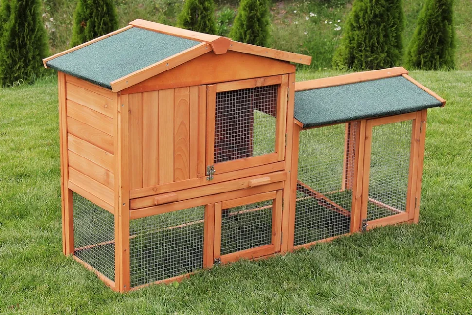 MyAnimal Hasenstall MH-03 Doppelstockhaus mit Garten, Freilauf, Kiefernholz, verzinkter Draht (Braun 2.0)
