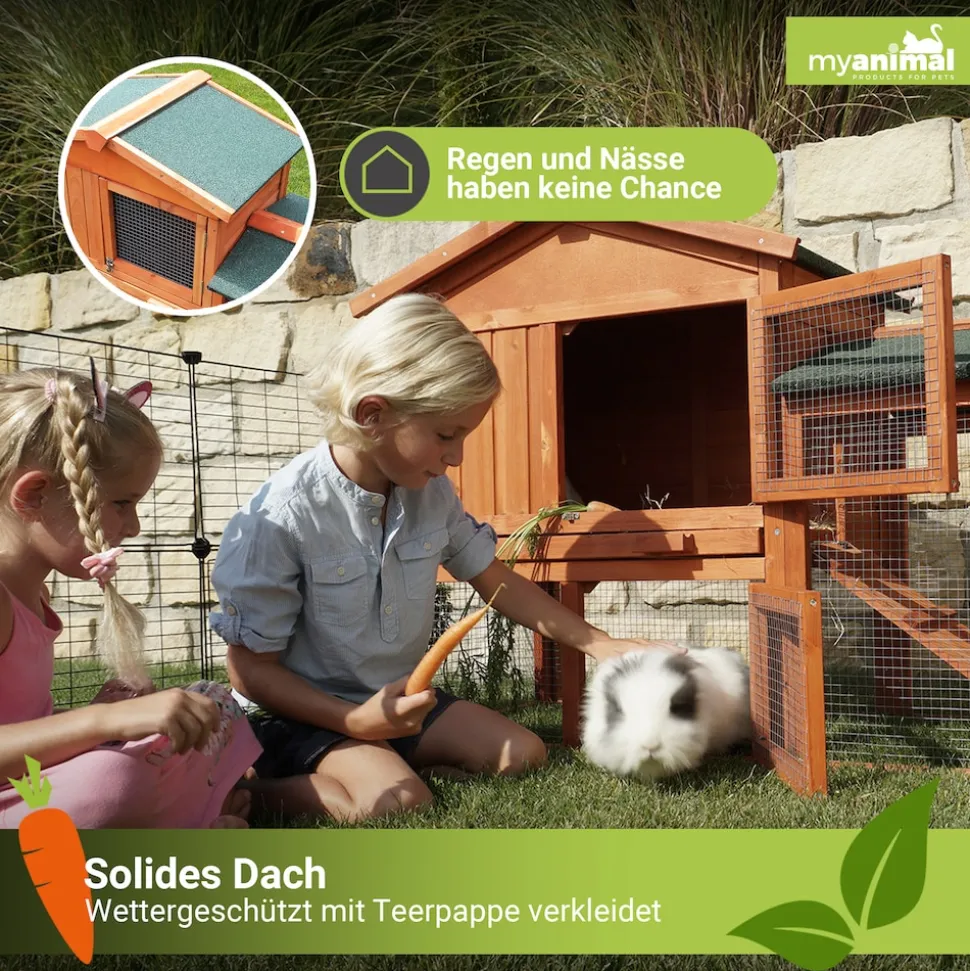 MyAnimal Hasenstall MH-03 Doppelstockhaus mit Garten, Freilauf, Kiefernholz, verzinkter Draht (Braun 2.0)