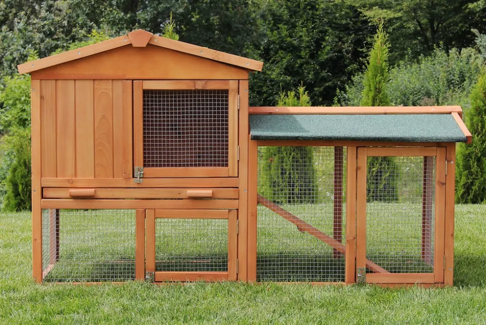 MyAnimal Hasenstall MH-03 Doppelstockhaus mit Garten, Freilauf, Kiefernholz, verzinkter Draht (Braun 2.0)