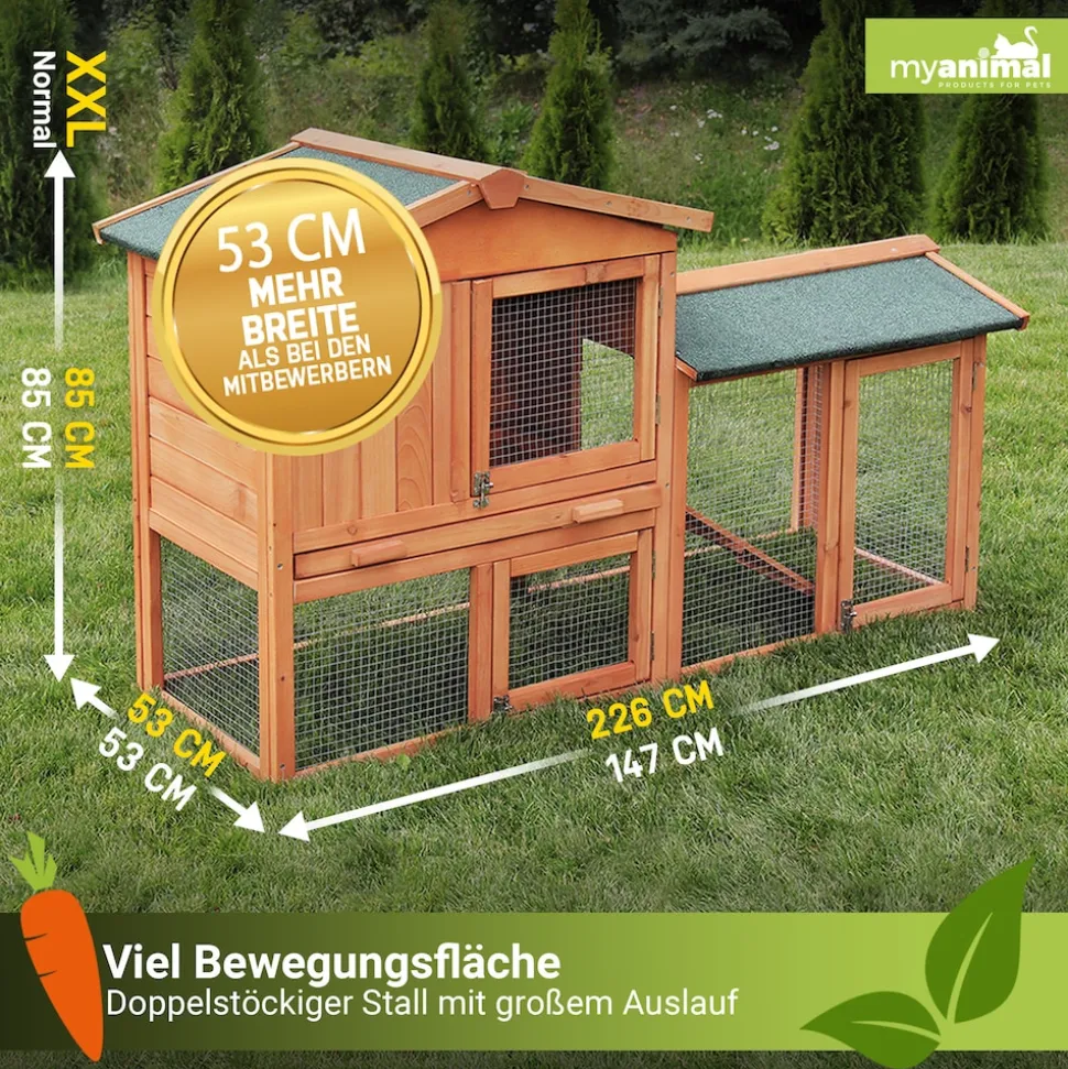 MyAnimal Hasenstall MH-03 Doppelstockhaus mit Garten, Freilauf, Kiefernholz, verzinkter Draht (Braun 2.0)