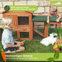 MyAnimal Hasenstall MH-03 Doppelstockhaus mit Garten, Freilauf, Kiefernholz, verzinkter Draht (Braun 2.0)