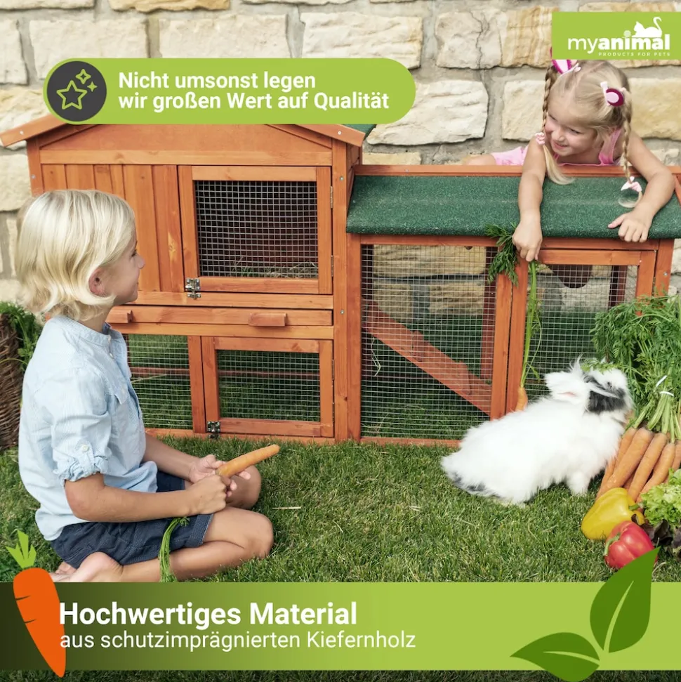 MyAnimal Hasenstall MH-03 Doppelstockhaus mit Garten, Freilauf, Kiefernholz, verzinkter Draht (Braun 2.0)