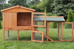 MyAnimal Hasenstall MH-03 Doppelstockhaus mit Garten, Freilauf, Kiefernholz, verzinkter Draht (Braun 2.0)