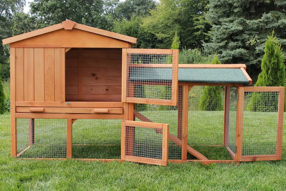 MyAnimal Hasenstall MH-03 Doppelstockhaus mit Garten, Freilauf, Kiefernholz, verzinkter Draht (Braun 2.0)