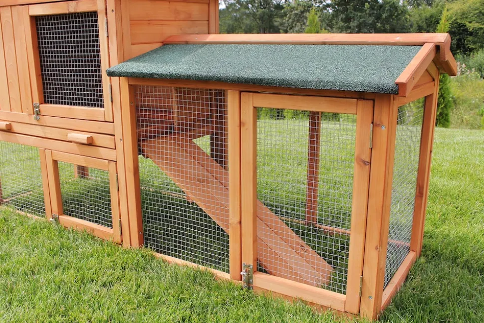 MyAnimal Hasenstall MH-03 Doppelstockhaus mit Garten, Freilauf, Kiefernholz, verzinkter Draht (Braun 2.0)