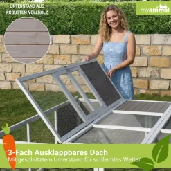MyAnimal Hasenstall MH-06 Freilaufgehege, Kaninchenstall XXL, mit Unterstand, Simple-Fold, Vollholz (Grau)